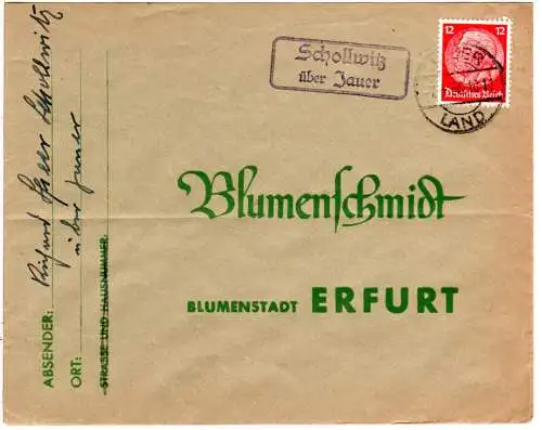 DR 1936, Landpost Stpl. SCHOLLWITZ über Jauer auf Brief m. 12 Pf.