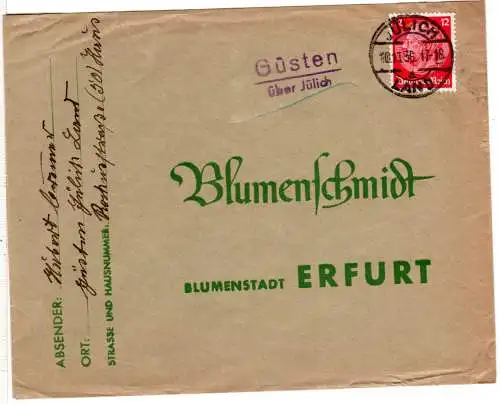 DR 1936, Landpost Stpl. GÜSTEN über Jülich auf Brief m. 12 Pf.