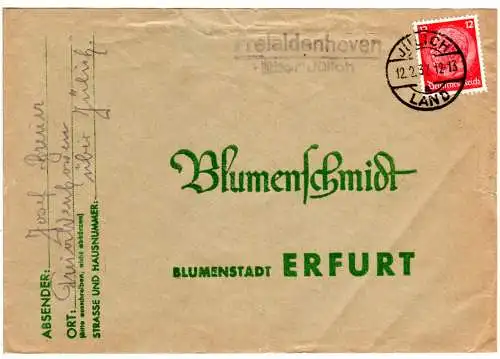 DR 1937, Landpost Stpl. FREIALDENHOVEN über Jülich auf Brief m. 12 Pf.