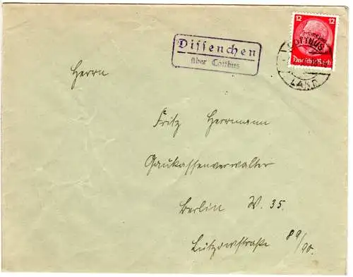 DR 1936, Landpost Stpl. DISSENCHEN über Cottbus auf Brief m. 12 Pf.