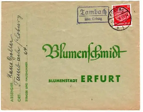 DR 1936, Landpost Stpl. TAMBACH über Coburg auf Brief m. 12 Pf.