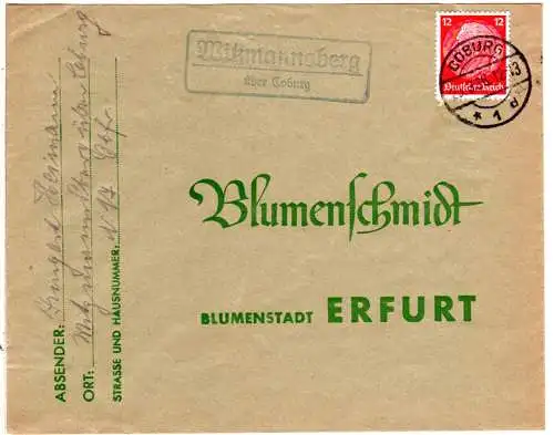 DR 1936, Landpost Stpl. WITZMANNSBERG über Coburg auf Brief m. 12 Pf.