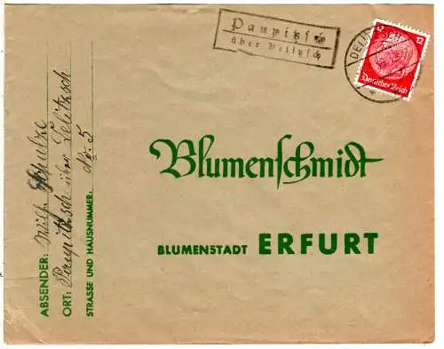 DR 1936, Landpost Stpl. PAUPITZSCH über Delitzsch auf Brief m. 12 Pf.
