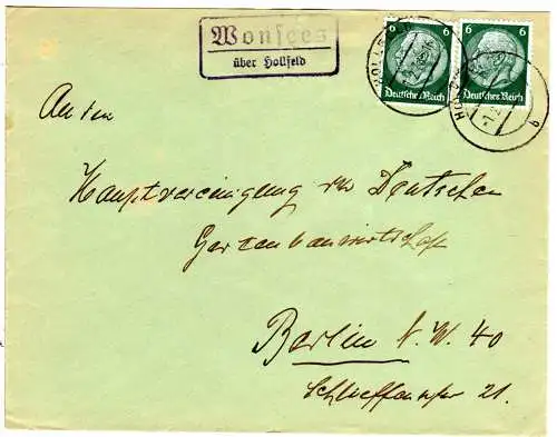 DR 1938, Landpost Stpl. WONSEES über Hollfeld auf Brief m. 2x6 Pf.