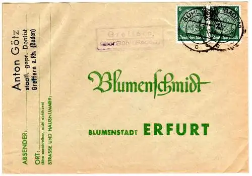 DR 1937, Landpost Stpl. GREFFERN über Bühl auf Brief m. 2x6 Pf.