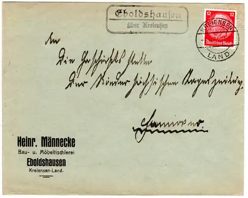 DR 1933, Landpost Stpl. EBOLDSHAUSEN über Kreiensen auf Firmen Brief m. 12 Pf. 