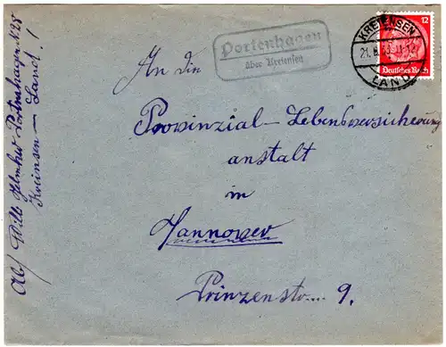 DR 1933, Landpost Stpl. PORTENHAGEN über Kreiensen auf Brief m. 12 Pf. 