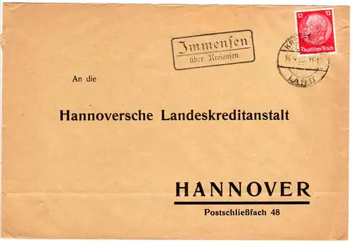 DR 1933, Landpost Stpl. IMMENSEN über Kreiensen auf Brief m. 12 Pf. 