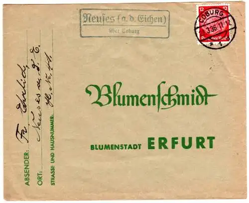 DR 1936, Landpost Stpl. NEUSES (a.d. EICHEN) über Coburg auf Brief m. 12 Pf. 