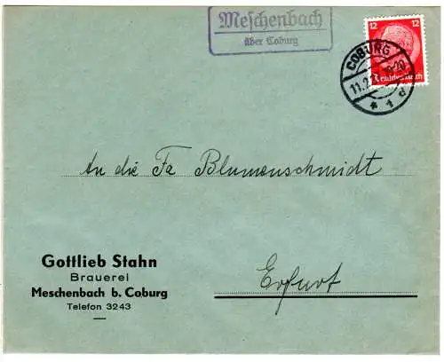 DR 1937, Landpost Stpl. MESCHENBACH über Coburg auf Brauerei Brief m. 12 Pf.