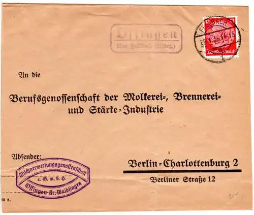 DR 1936, Landpost Stpl. ÖFFINGEN über Fellbach auf Brief m. 12 Pf.  