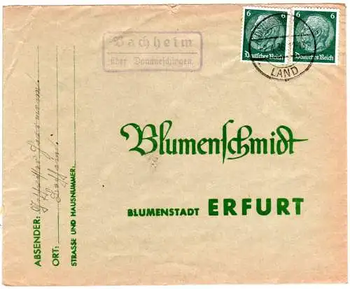 DR 1936, Landpost Stpl. BACHHEIM über Donaueschingen auf Brief m. 2x6 Pf.