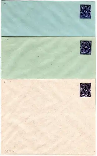 DR, drei ungebr. 20 Mk. Ganzsachenumschläge m. unterschiedlichen Papierfarben