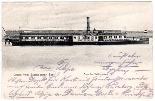 Gruss vom Starnberger See, Dampfer Wittelsbach, 1907 gebr. sw-AK 