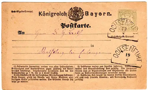 Bayern 1874, HKS OCHSENFURT klar auf 2 Kr. Ganzsache.