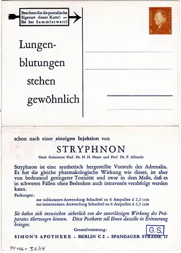 DR, ungebr. 3 Pf. Privatganzsache Stryphnon, Simon´s Apotheke Berlin