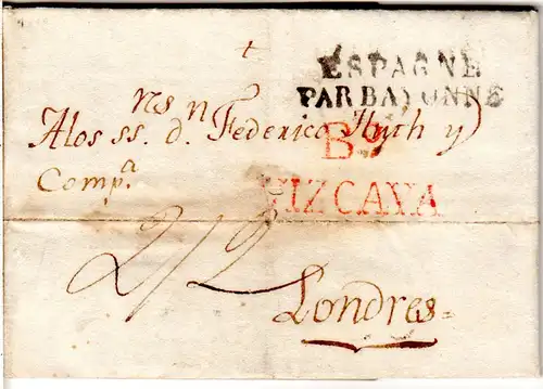 Spanien 1819, B.o VIZCAYA in rot auf Porto Brief v. Bilbao via Frankreich n. GB