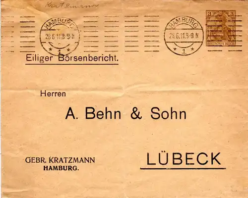 DR 1914, gebr. 3 Pf. Germania Privatganzsache Umschlag v. Hamburg