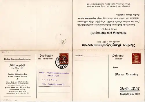 DR, gebr. 3+3 Pf. Doppelkarte Privatganzsache Berliner Ganzsachensammler Verein