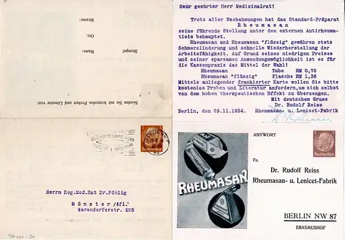 DR, gest. 3 Pf. Privatganzsache Doppelkarte Rheumasan Berlin