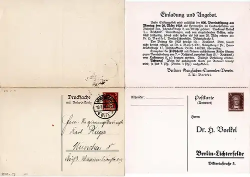 DR, 1928 gebr. 3+3 Pf. Doppelkarte Privatganzsache Berliner Ganzsachen Verein