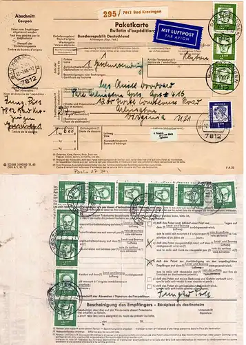 BRD 1966, 1+13x2 DM auf Luftpost Paketkarte v. Bad Krozingen n. USA. Hohes Porto