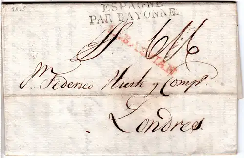 Spanien 1822, S.S.BSTIAN in rot auf Porto Brief v. San Sebastian n. GB