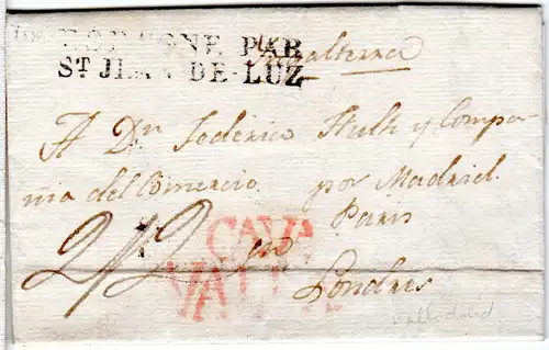 Spanien 1829, CA VA VALLA.D in rot auf Porto Brief v. Valladolid n. GB
