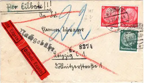 DR 1934, 6+2x12 Pf. m. perfins auf Eilboten Nachporto Brief v. Meiningen
