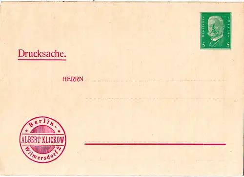 DR, kpl. ungebr. 5 Pf. Klickow Berlin Drucksache Faltbrief Privatganzsache.