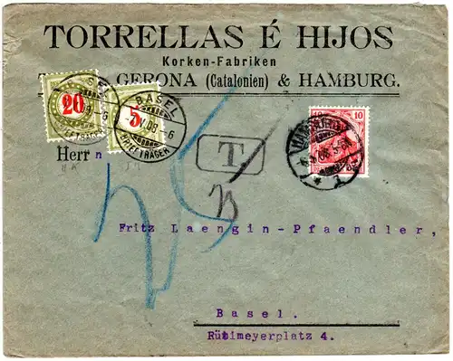 DR 1908, 10 Pf. Germania auf Firmen Bief v. Hamburg m. Schweiz 5+20 C. Porto