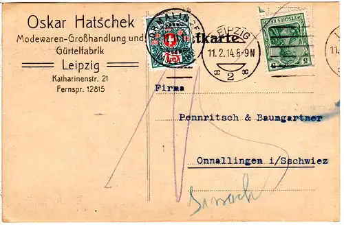 DR 1914, 5 Pf. Germania auf Firmen Karte v. Leipzig m. Schweiz 15 C. Portomarke