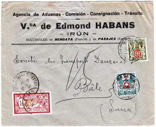 Frankreich 1926, 1 Fr. auf Firmen Brief v. Irun Spanien m. 2 Schweiz Portomarken