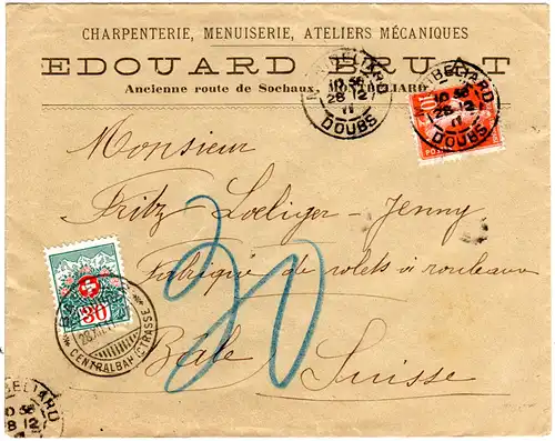 Frankreich 1911, 10 C. auf Firmen Brief v. Montbeliard m. Schweiz 30 C. Porto