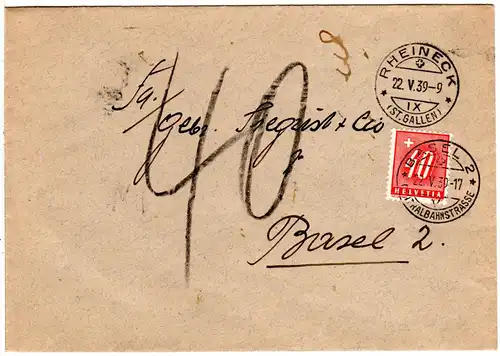 Schweiz 1939, Brief v. Rheineck m. Basel Porto 40 C.