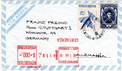 Argentinien 1969, Luftpostbrief m. 50+78 P. sowie Reko Maschinenfreistrempel