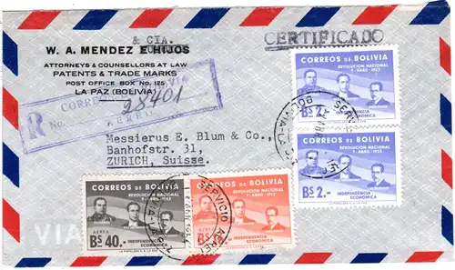 Bolivien 1954, 4 Werte Revolucion National auf Reko Luftpost Brief v. La Paz