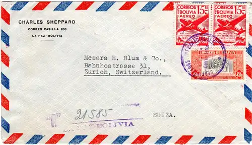 Bolivien 1951, 3 Marken auf Einschreiben Luftpost Brief v. La Paz i.d. Schweiz