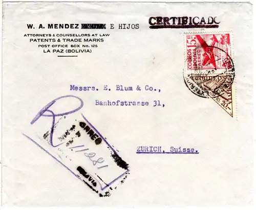 Bolivien 1953, Dreiecksmarke 20 Bs.+15 Bs. auf Reko Luftpost Brief v. La Paz 