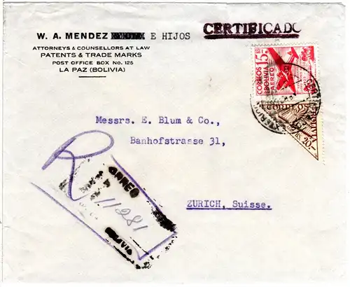 Bolivien 1953, Dreiecksmarke 20 Bs.+15 Bs. auf Reko Luftpost Brief v. La Paz