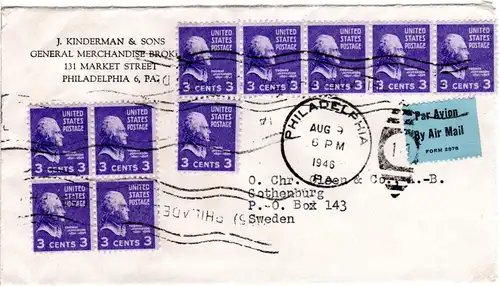 USA 1946, MeF 10x3 C. Jefferson auf Luftpost Brief v. Philadelphia n. Schweden