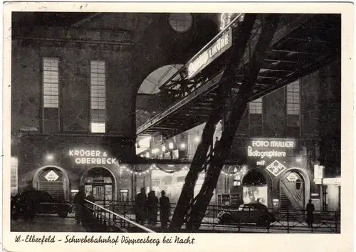 Wuppertal Elberfeld, Schwebebahnhof Döppersberg b. Nacht, 1953 gebr. sw-AK