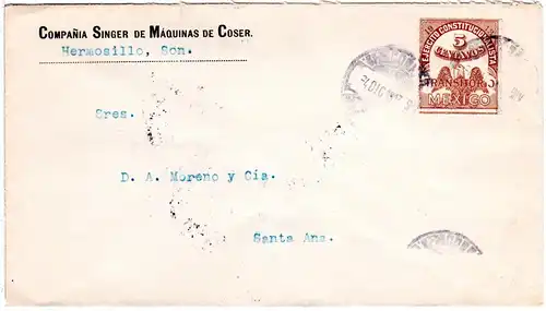 Mexiko 1917, 5 C. Transitorio auf Firmen Brief v. Hermosillo, Sonora.