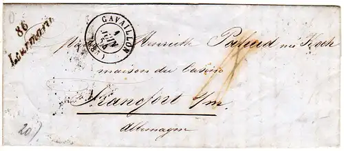 Frankreich 1854, L2 86 Lourmarin u. K2 Cavaillon auf Porto Brief n. Frankfurt