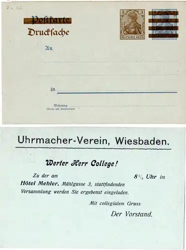 DR, ungebr. 3 neben 2 Pf. Ganzsache Uhrmacher-Verein Wiesbaden