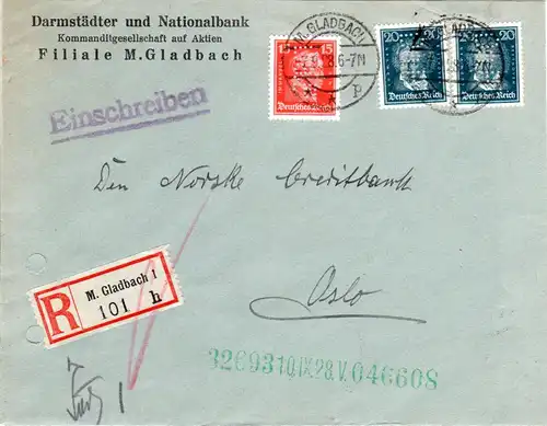 DR 1928, 15+2x20 Pf. m. perfins auf Reko Firmenbrief v. Mönchengladbach n. Oslo