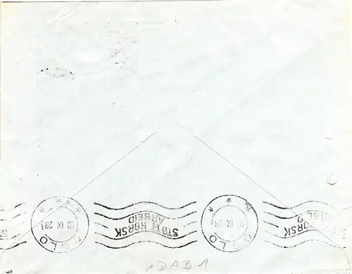 DR 1928, 15+2x20 Pf. m. perfins auf Reko Firmenbrief v. Mönchengladbach n. Oslo