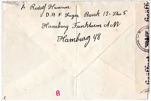 DR 1942. 12 Pf. auf Zensur Brief v. DAF Arbeitslager Hamburg n. Dänemark