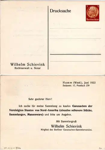 DR,  ungebr. 3 Pf. Privatganzsachenkarte W. Schievink Rechtsanwalt u. Notar Hamm