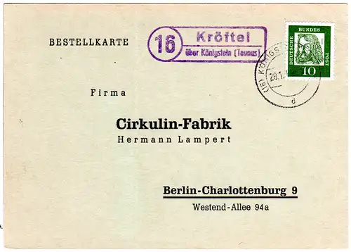 BRD 1962, Landpost Stpl. 16 KRÖFTEL über Königstein auf Karte m. 10 Pf.